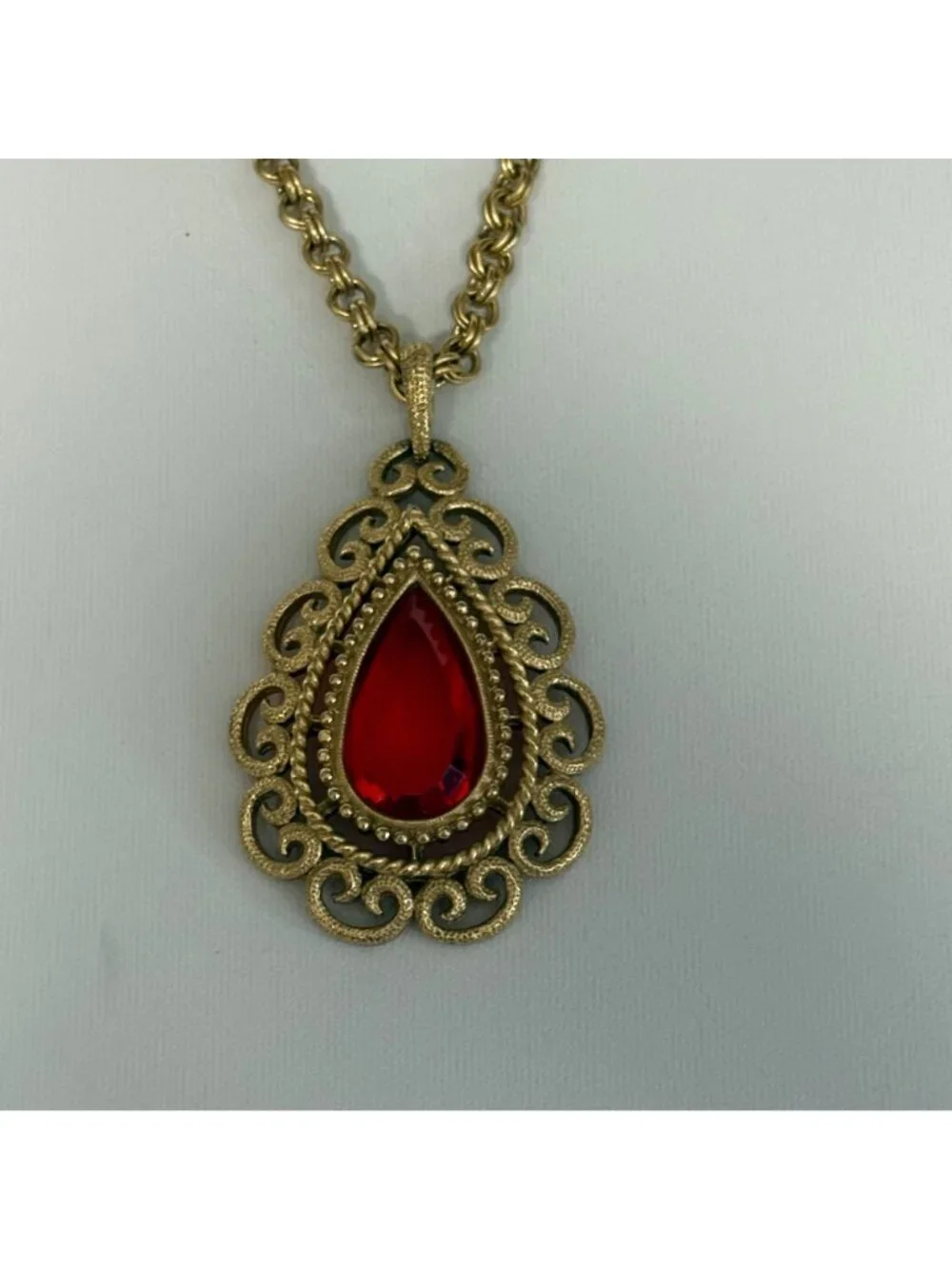 Long Gold Tone Necklace Orange Teardrop Pendant Ornate Filigree Design Jewelry